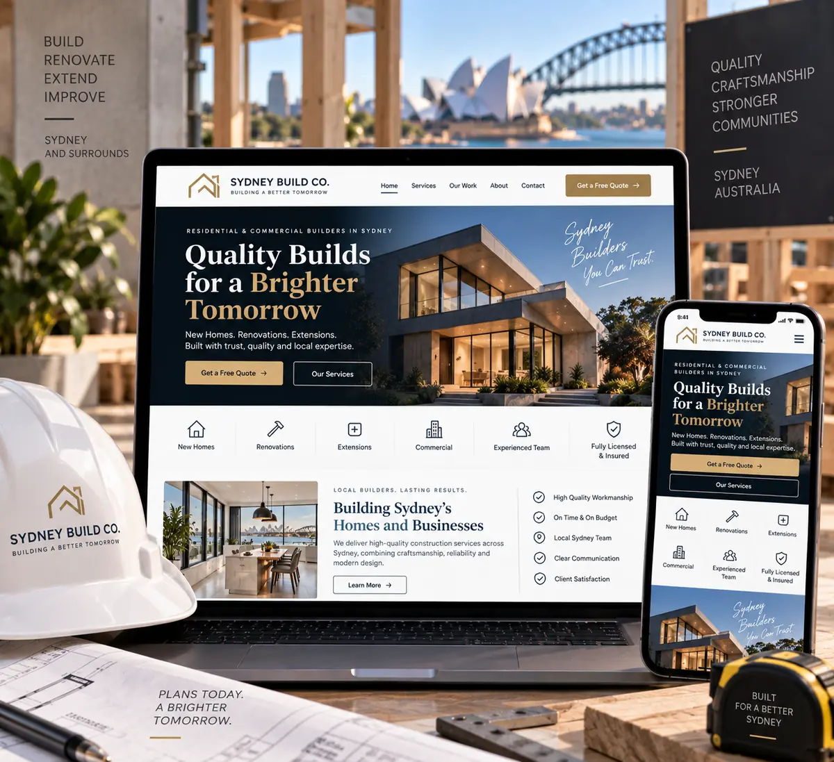 Building company website concept on a laptop and phone