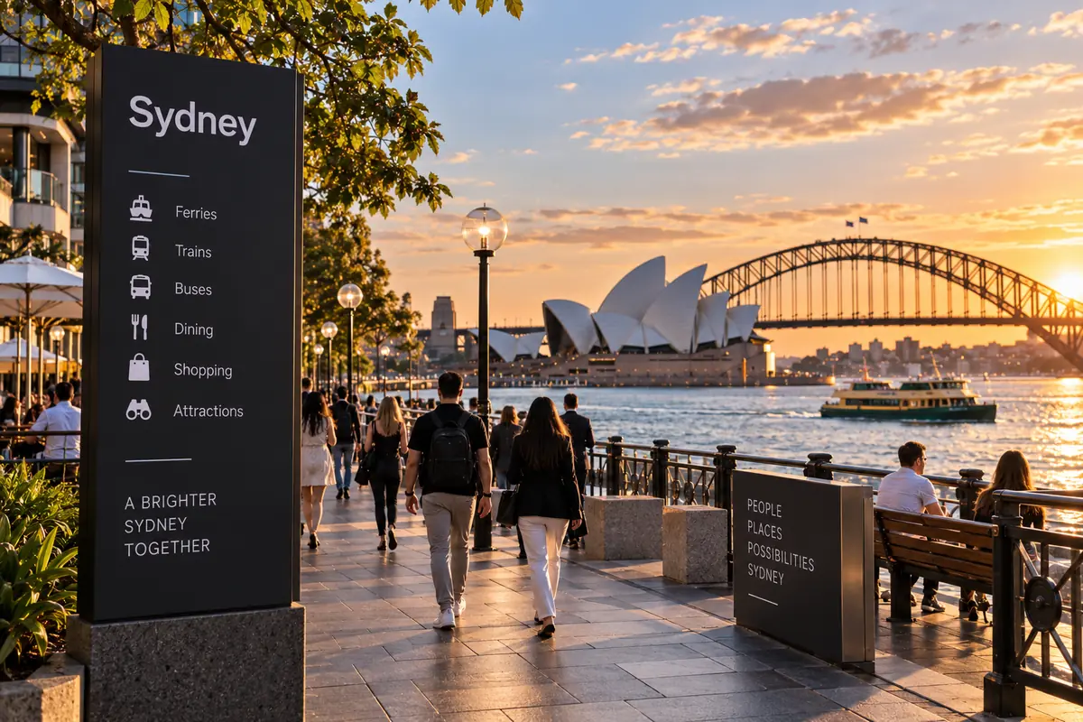 Circular Quay foreshore with ferries, the Opera House and the Harbour Bridge
