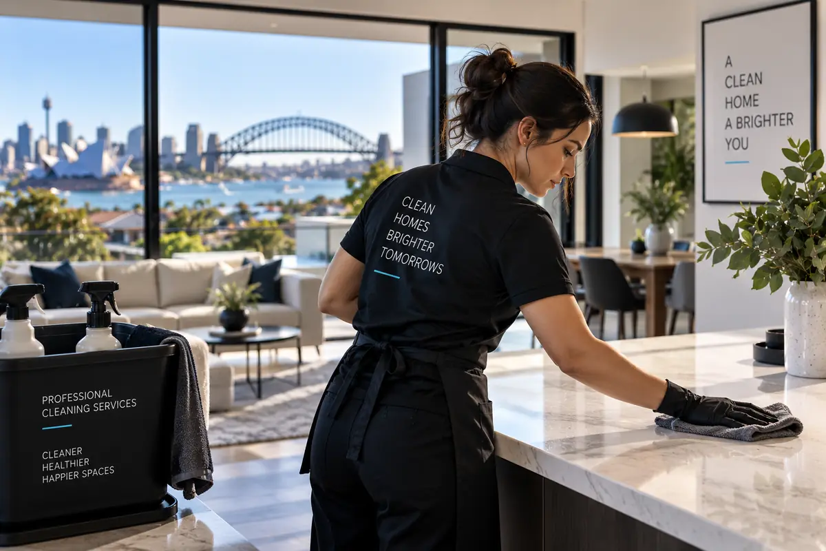 A professional cleaner wiping down a kitchen bench in a Sydney apartment