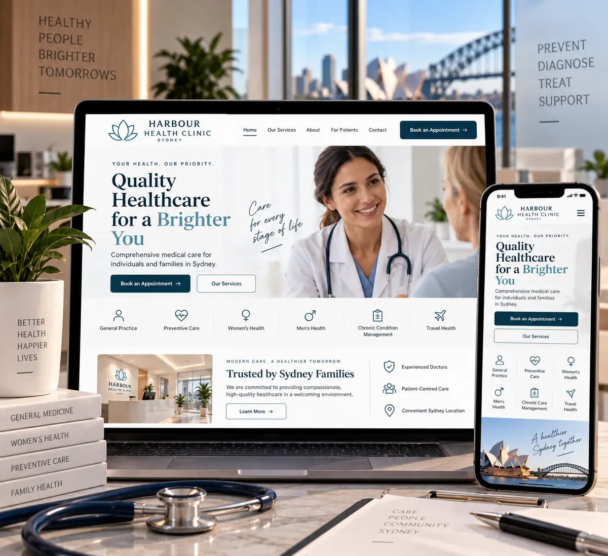 Healthcare clinic website concept on a laptop and phone