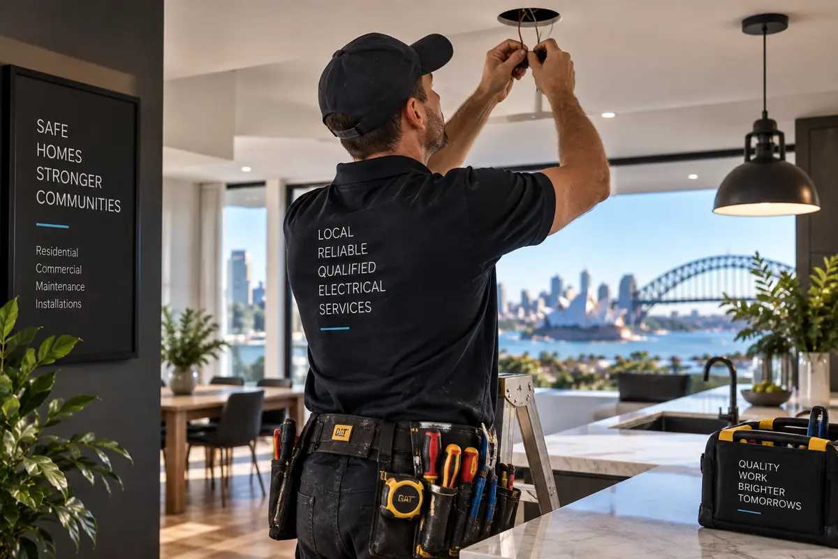 An electrician installing a light fitting in a Sydney home