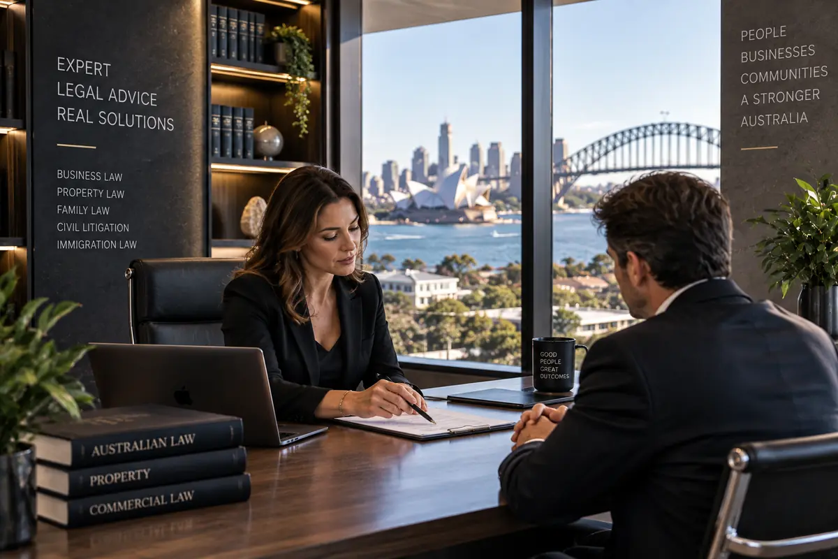 A solicitor meeting a client across a desk in a Sydney office