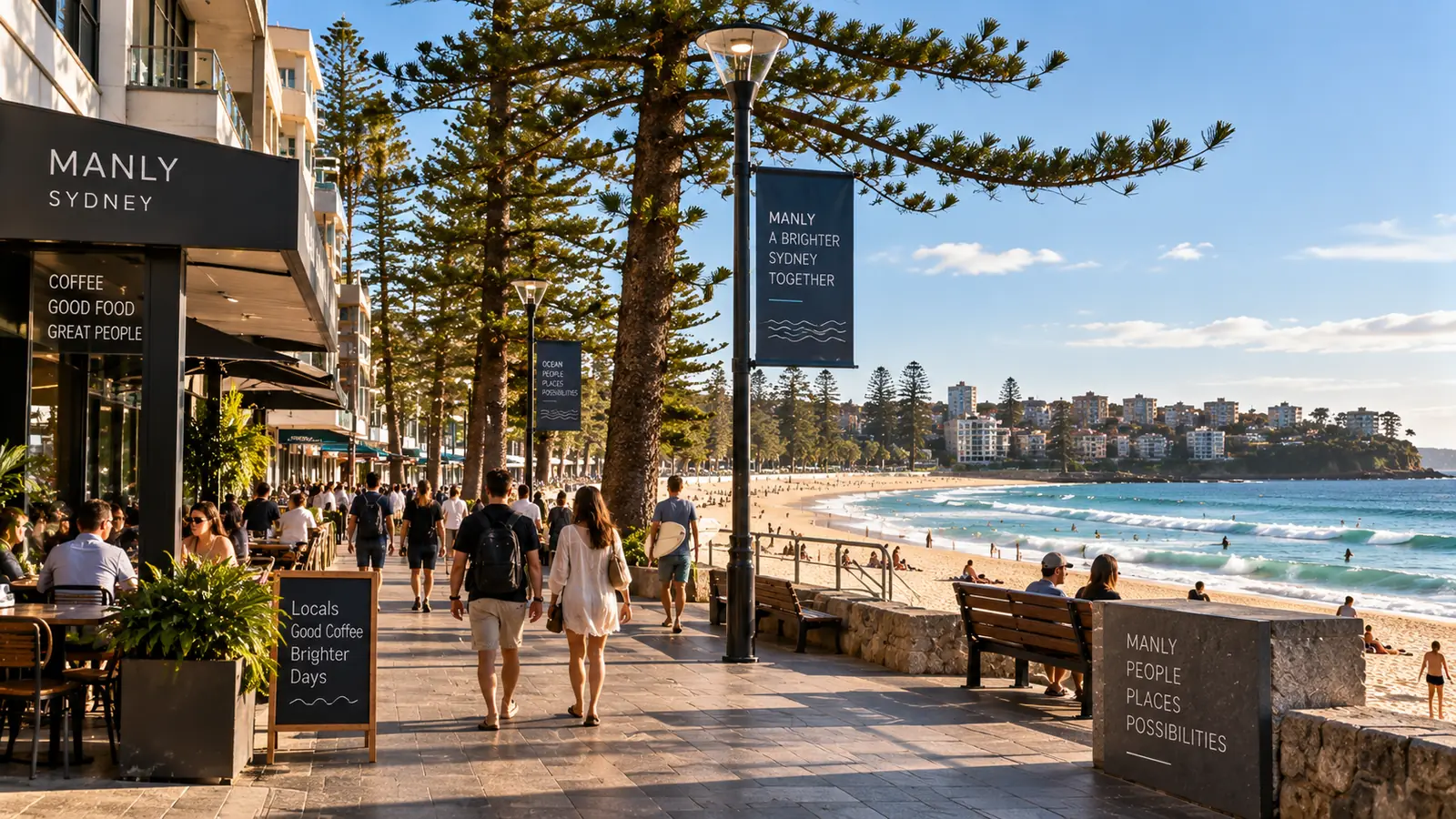 The Corso at Manly with pedestrians walking towards the beach