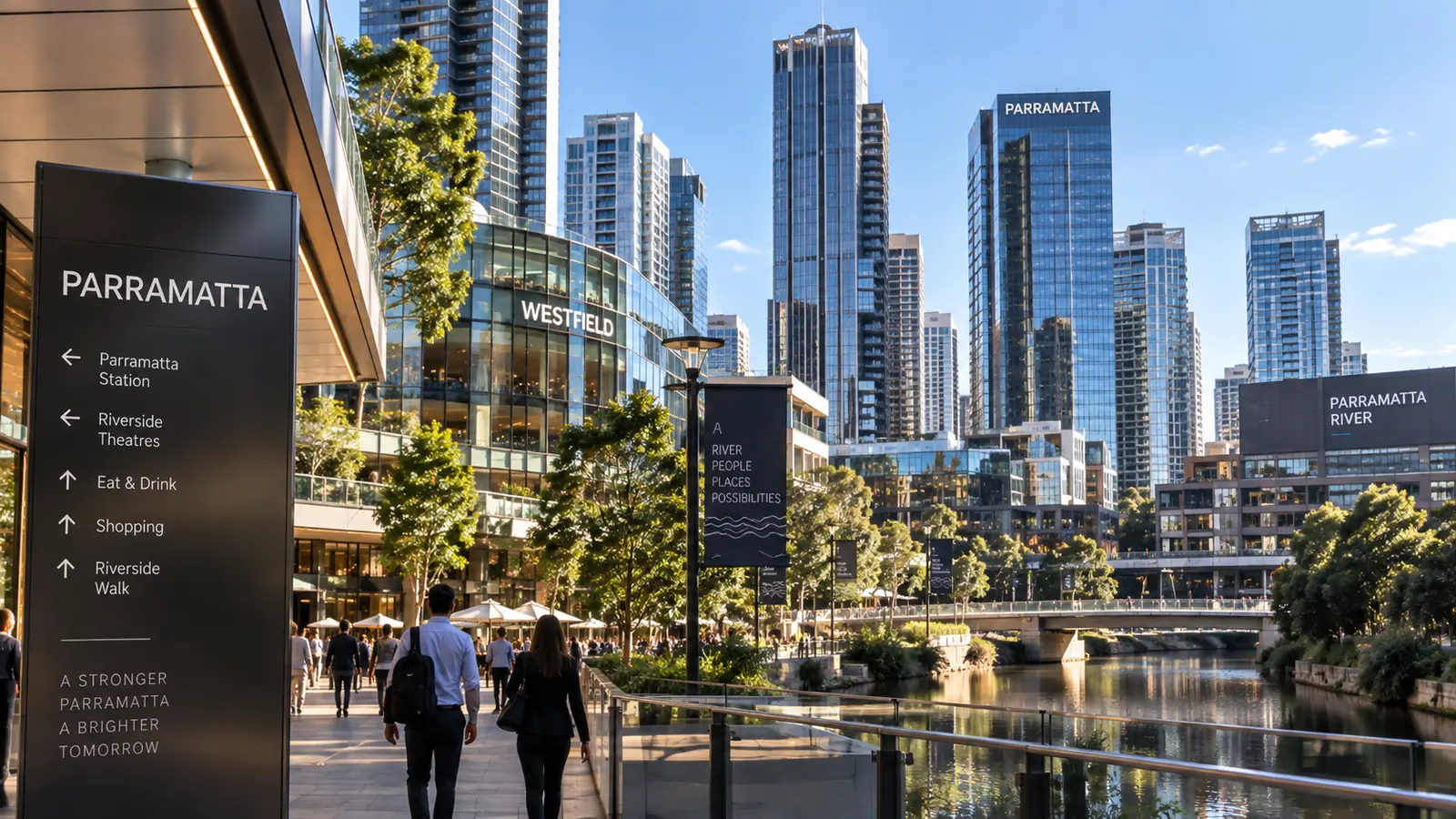 The Parramatta River foreshore with the city's commercial towers behind