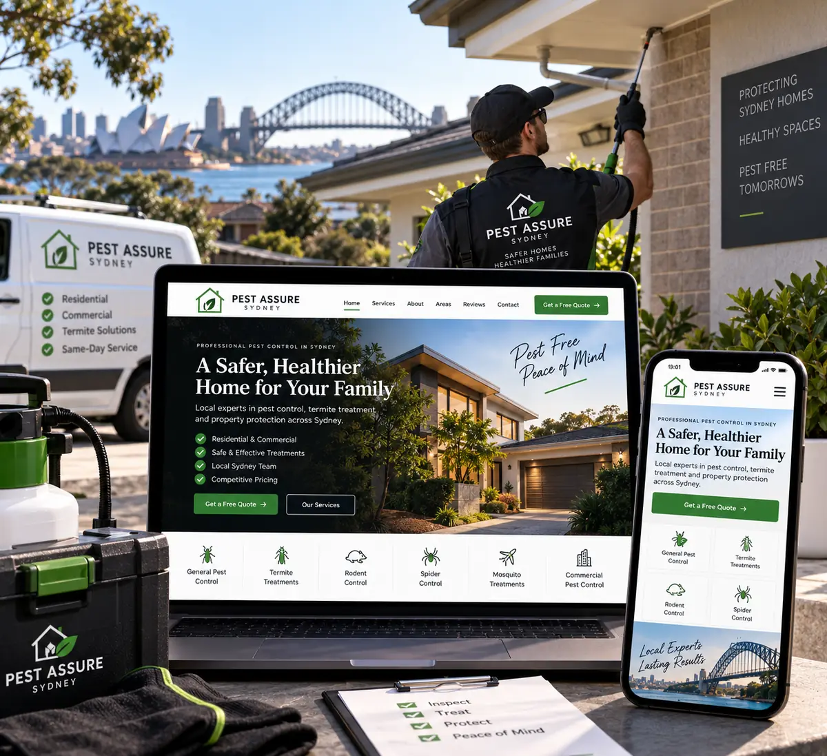 Pest control website concept on a laptop and phone