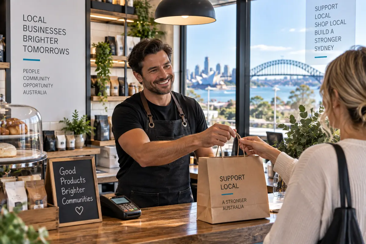 A small business owner handing a purchase to a customer at the counter