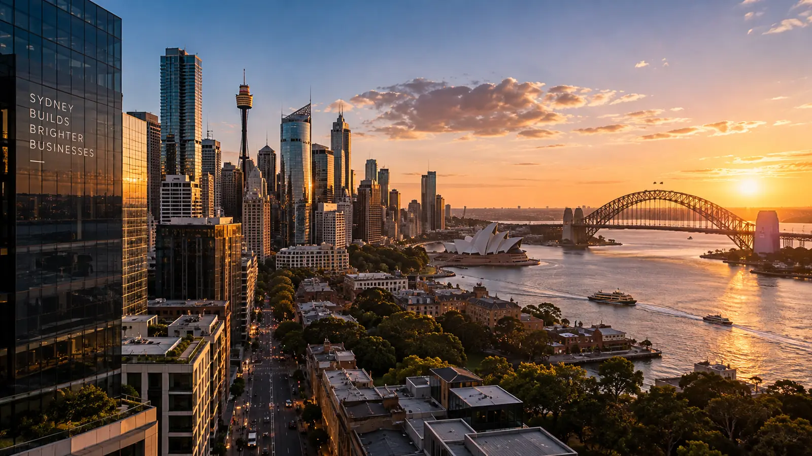 Sydney harbour and city skyline at sunset