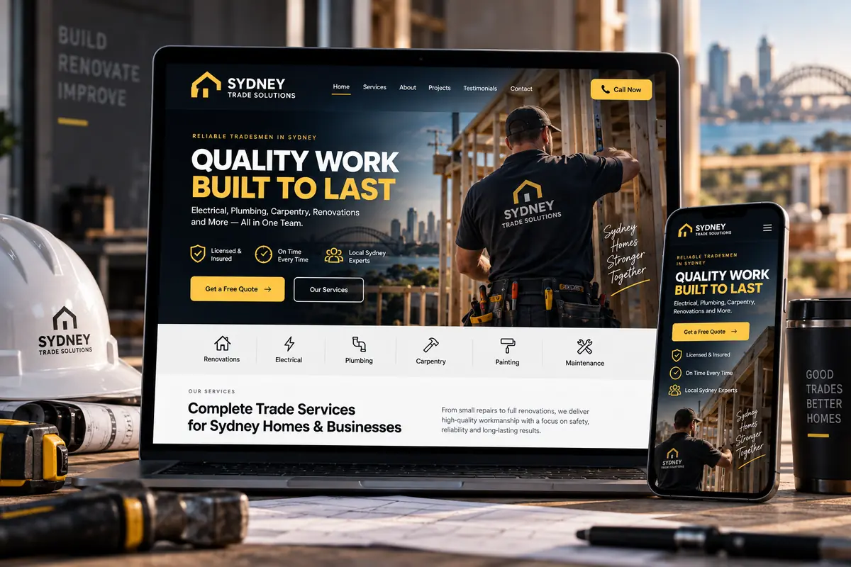 Trade services website concept on a laptop and phone
