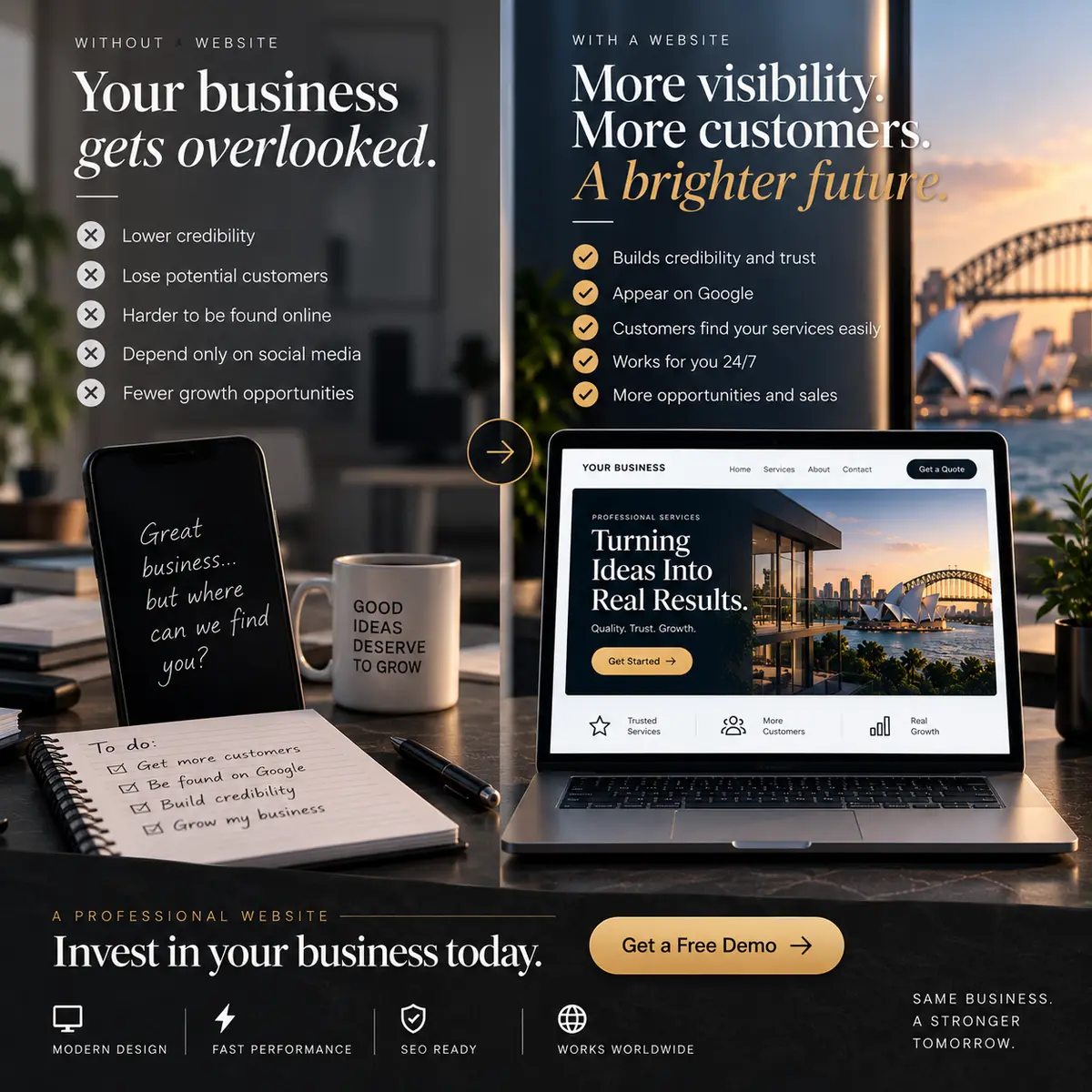 WEBSYD promotional graphic comparing a business with and without a professional website
